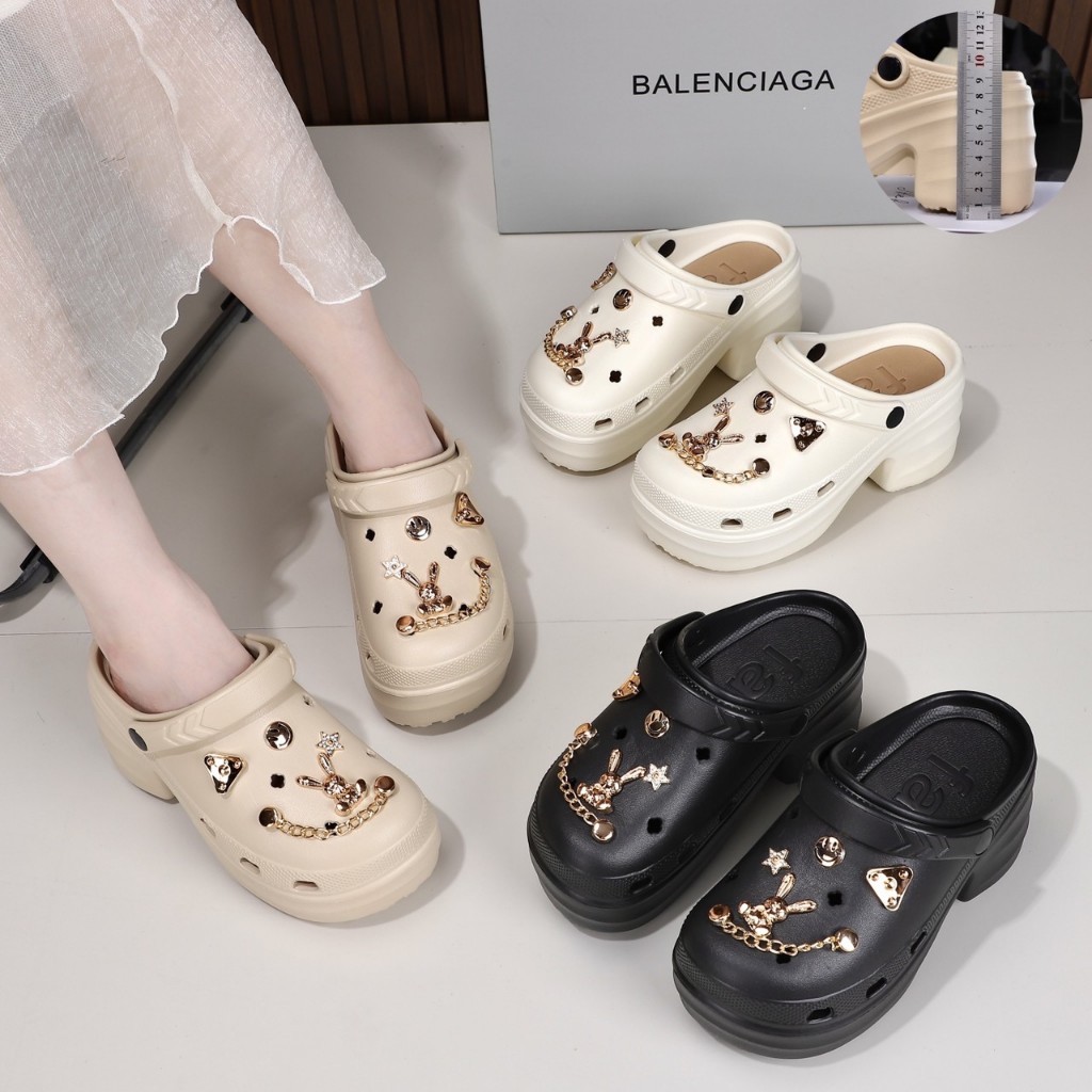 SUNBALEE ⭐ PIZ-11 รองเท้าหัวโต รองเท้าแบบสวม สีพื้น เสริมส้นสูง 8 ซม. แถมตัวติดน่ารัก พร้อมส่ง - รูปที่ 4