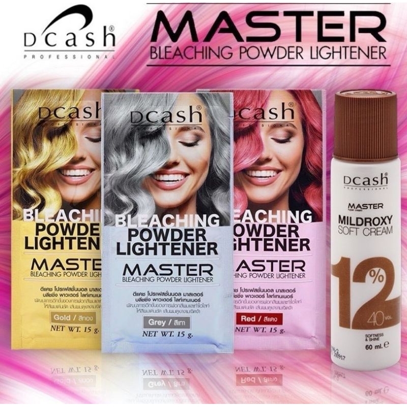 Dcash Professional Master Bleaching Powder 15 g.+ ไฮโดรเย่น 12% ดีแคช มาสเตอร์ บลีชชิ่ง พาวเดอร์ ผงฟอก ผงกัดสี