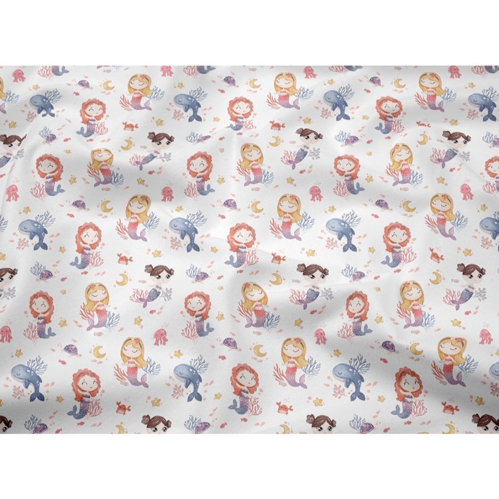 ผ้าคอตตอน 100% คอตตอนทอทวิล ผ้าหน้ากว้าง 1.6 เมตร ลาย Mermaids