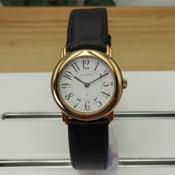 BUCHERER swiss made ผู้หญิง ตัวเรือนทองสวิส สายหนังดำ ระบบควอตซ์