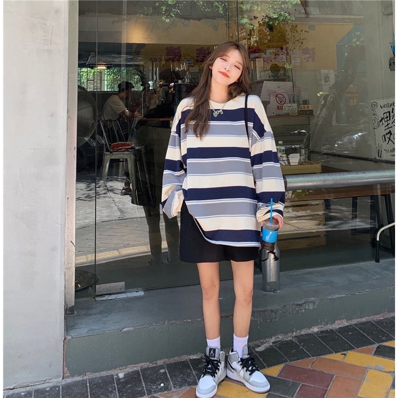 เสื้อยืดลายทางผู้หญิงแขนยาว ทรงหลวมใส่พรางหุ่นผ้ายืดใส่สบาย รุ่นCQ-36-37