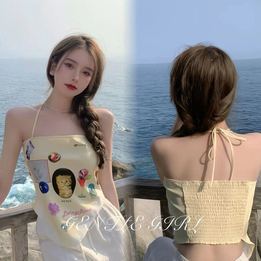 #GG🎀จัดส่งที่รวดเร็ว🎀 สไตล์เกาหลีใหม่ความรู้สึกที่ไม่ซ้ำกันออกแบบไหล่เดียวสามเหลี่ยมพิมพ์เสื้อกั๊ก2024