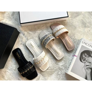 🎀RinyaShoes🎀รองเท้าแตะแบบสวมผ้าทวิตแต่งโซ่ทอง สวยหรูมากค่ะ(มีไซด์36-45)สินค้าพร้อมส่ง