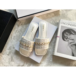 🎀RinyaShoes🎀รองเท้าแตะแบบสวมผ้าทวิตแต่งโซ่ทอง สวยหรูมากค่ะ(มีไซด์36-45)สินค้าพร้อมส่ง