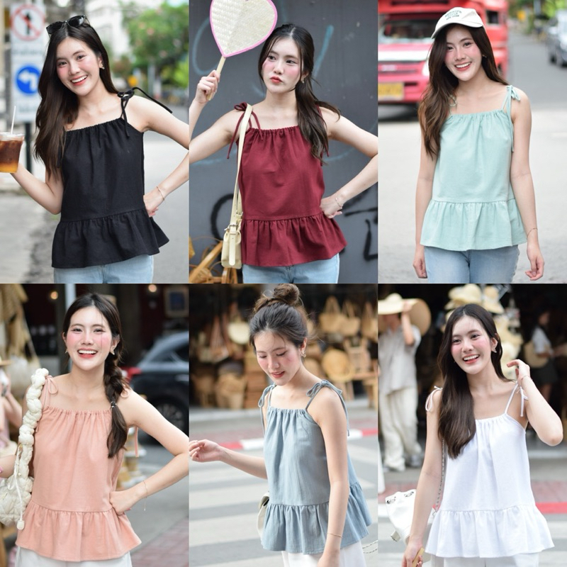 สายเดี่ยว ชายระบาย,ผูกโบ,คอยู,ผ้าฝ้าย
