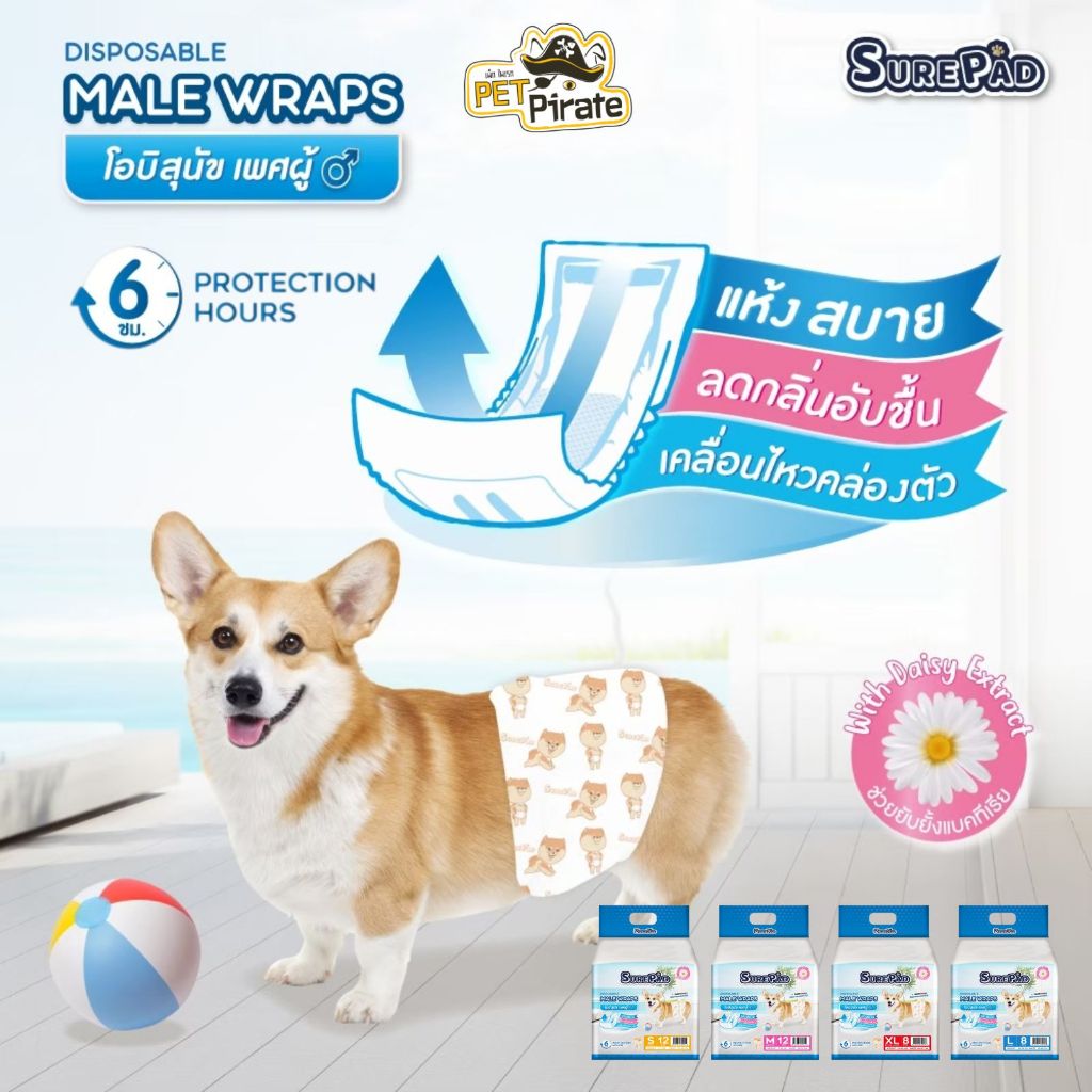 SurePad Male Wraps โอบิสุนัขตัวผู้ ผ้าอ้อมรัดเอว เก็บกลิ่นได้ดี โอบิหมา ใส่สบาย ซึมซับดีเยี่ยม