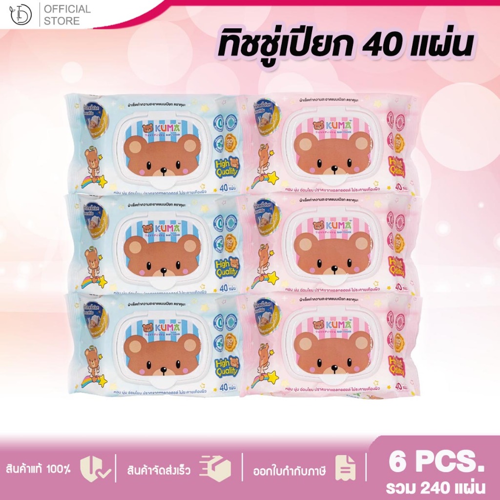 [6แพ็ค] KUMA ทิชชู่เปียก รุ่นฝาปิด 40 แผ่น แผ่นใหญ่ หนา นุ่ม ชิชชู่คุมะ ทิชชู่เปียกคุมะ