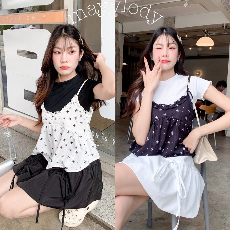 mayylody สายเดี่ยว มินิ ผ้าพิมพ์ลายโบว์เกาหลี สุดฮิต ใส่เป็นเลเยอร์ตัวนอกน่ารักสุดๆ ผ้านุ่มฟู ใส่ไปคาเฟ่ ไปทะเล