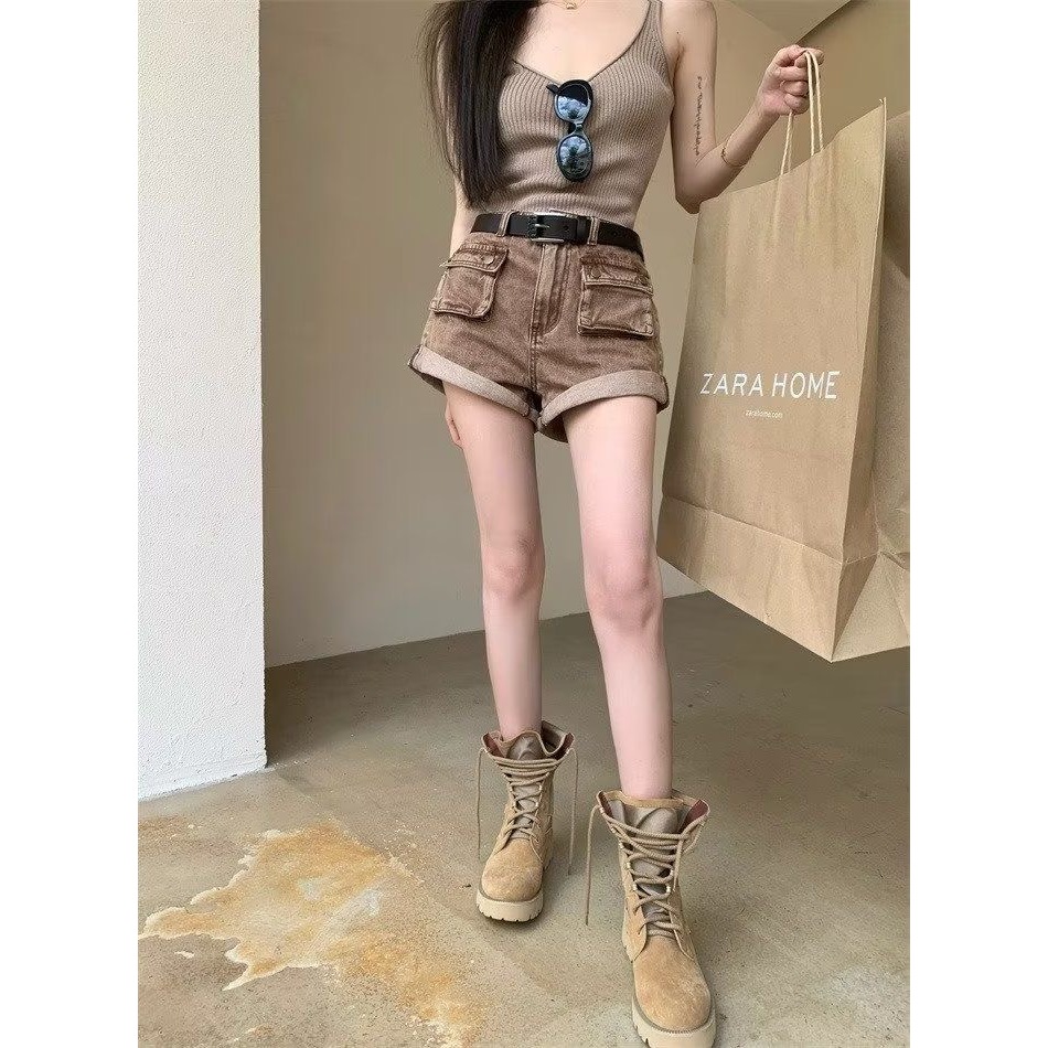 1LDK พร้อมส่ง กางเกงยีนส์ขาสั้น เอวสูง พับขา กระเป๋าหน้าเท่ๆ(1623)