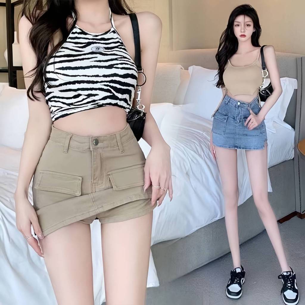 S-5XL กระโปรงยีนส์ขาสั้น มีซับกางเกงด้านใน เอวสูง2กระเป๋าหน้าหลัง สไตล์อเมริกัน แฟชั่นฤดูร้อน