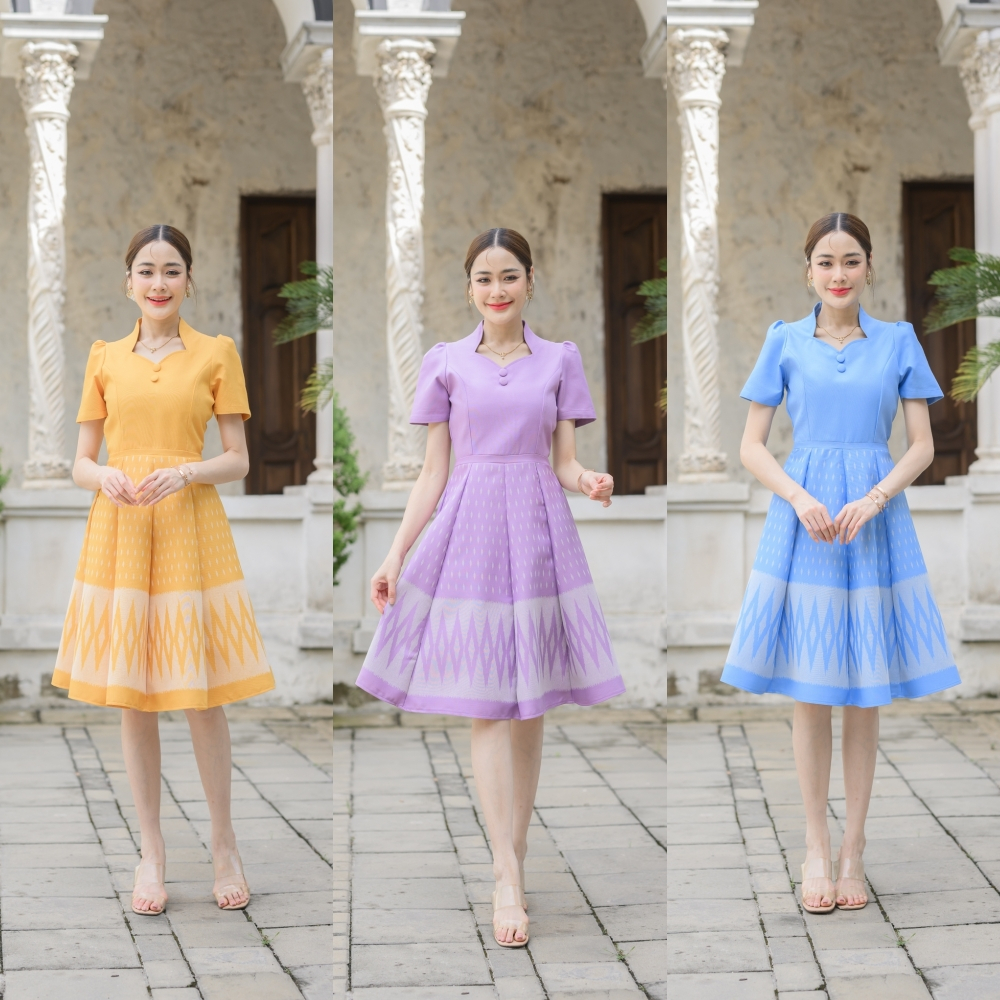 เดรสผ้าทอลาย คอปีน กระโปรงบาน 8ชิ้น อัดกาวทั้งชุด ซิปซ่อนด้านหลัง (S-2XL) KS564