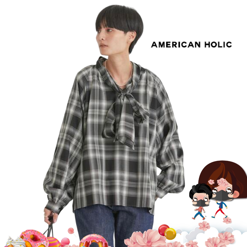 เสื้อเบลาส์ AMERICAN HOLIC ลายสก๊อตขาวดำตารางใหญ่