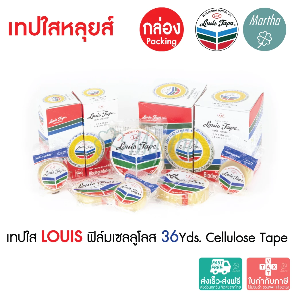 (กล่อง) เทปใสหลุยส์ เทปใส LOUIS ADHESIVE TAPE สก๊อตเทป ขนาด 1/2" 3/4" 1"นิ้ว ยาว 36y แกนเล็ก แกนใหญ่