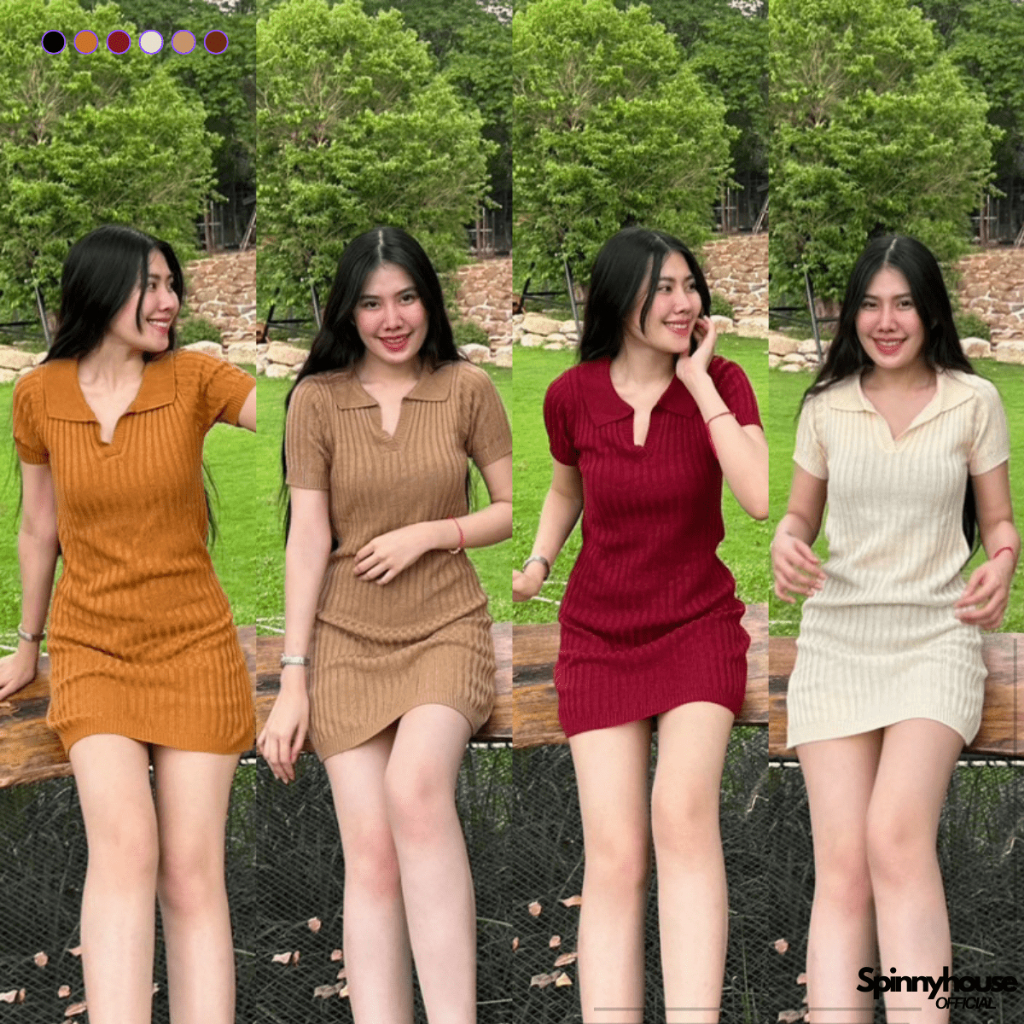 🌈SpinnyHouse🌈มินิเดรสไหมพรม ทรงคอปกโปโล ผ้ายืดตามตัว สาวอวบใส่ได้ 🌼 ผ้านุ่มยืด ใส่ได้ทุกวัน รุ่น เดรสไดนาไมท์ B-001-2-A