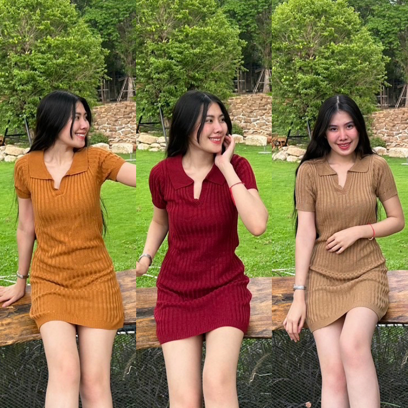 มินิเดรสไหมพรม ทรงคอปกโปโล ผ้ายืดตามตัว สาวอวบใส่ได้ 🌼 ผ้านุ่มยืด ใส่ได้ทุกวัน รุ่น เดรสไดนาไมท์ B-001-2-AA