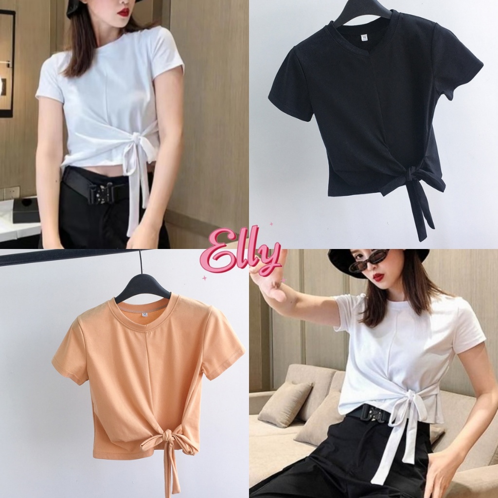 Elly พร้อมส่ง เสื้อยืดผู้หญิง เสื้อครอป แขนสั้นน่ารัก ครอปเกร๋ผ้ายืดใส่สบาย ฮิตสุดๆ เสื้อยืดเอวลอยผูกโบว์ เสื้อแฟชั่นส
