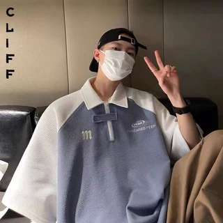 CLIFF เสื้อโปโลผู้ชาย ผ้าวาฟเฟิลด์ เสื้อสไตล์วิทยาลัย ซิปสีผสมแขนสั้น