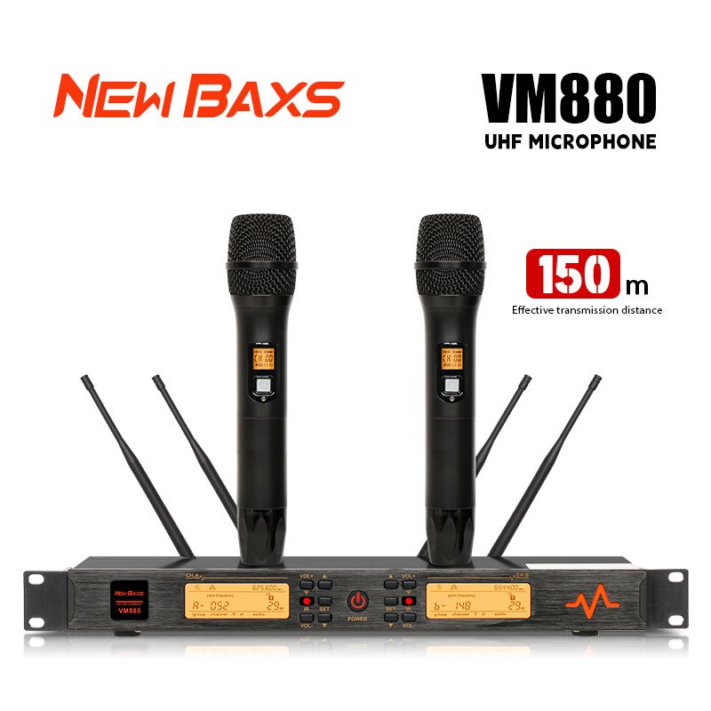 NEW BAXS ไมโครโฟนโลหะแบบมือถือไร้สาย VM880 2 เหมาะสำหรับการร้องเพลงสด คุณภาพเสียงที่เสถียร การรับสัญญาณจากระยะไกล