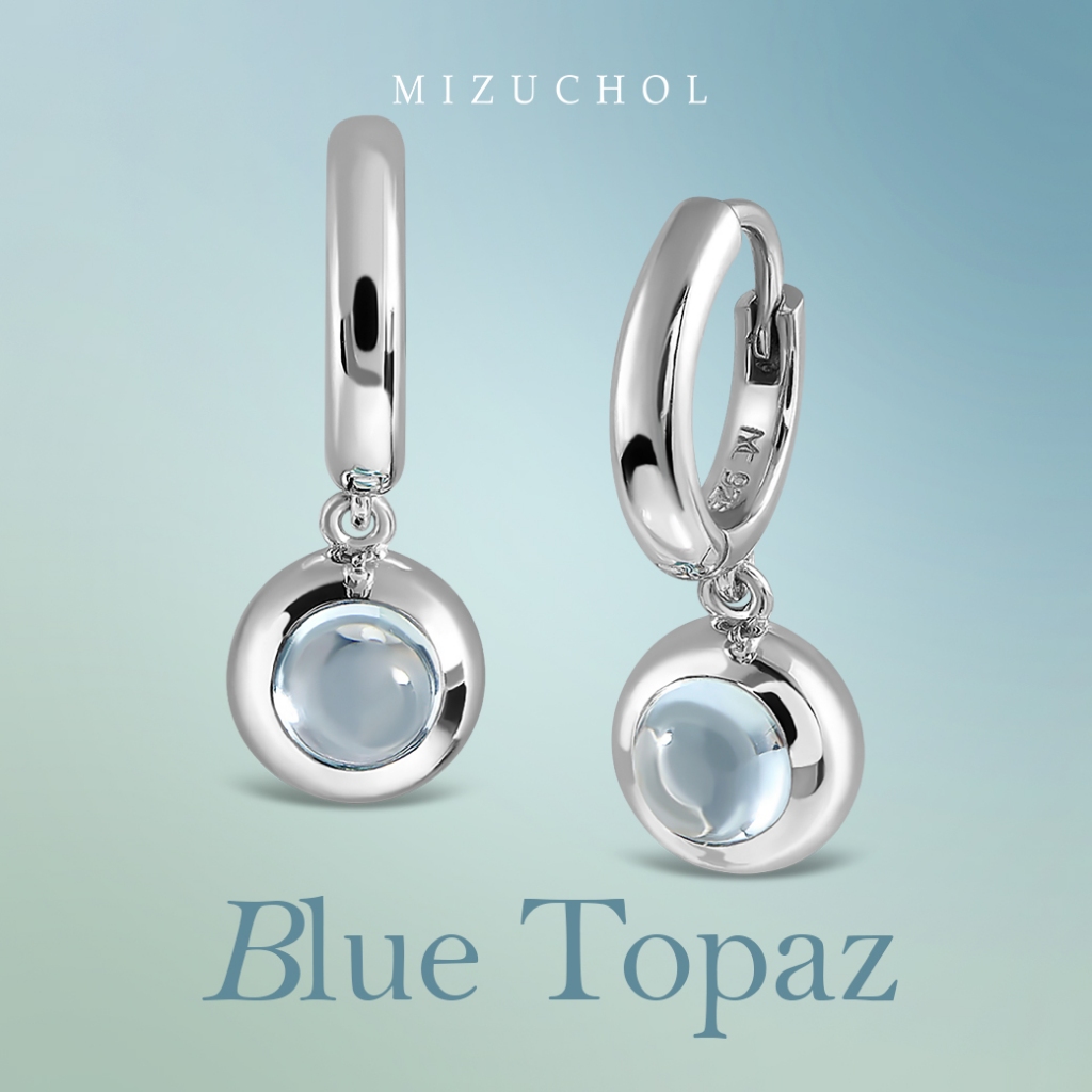 Mizuchol - ต่างหูเงินแท้ชุบทองคำขาว Raindrop Hoop Earrings ประดับพลอย Blue Topaz