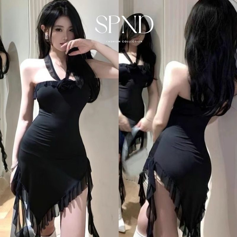 𝐒𝐏𝐍𝐃 【พร้อมส่ง】 เดรสเกาะอกคล้องคอแต่งกุหลาบ กระโปรงแต่งทรงระบายริบบิ้นผ้าชีฟองสวยแซ่บหรูหราสุดๆ พร้อมส่ง