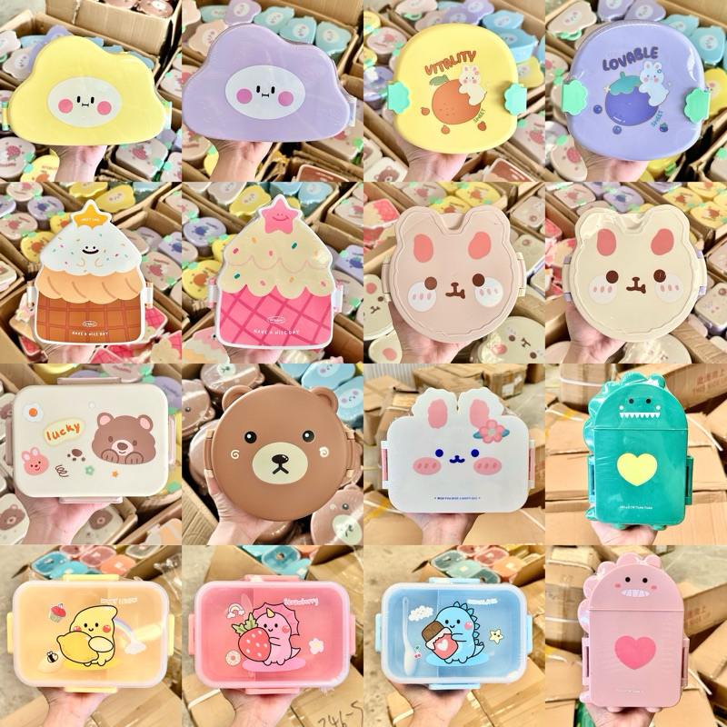 [พร้อมส่งจากไทย]กล่องข้าวพลาสติก 2 ช่อง/3 ช่อง *มีช้อนให้ทุกกล่อง* ลายน่ารักมากค่ะ ถ่ายจากสินค้าจริงงานสวยคุณภาพดี