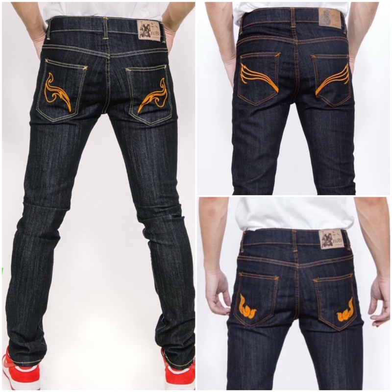 🔥เอว28-36 กางเกงยีนส์ขาเดฟผ้ายืดผู้ชาย Nobi สีมิดไนท์ด้ายส้ม