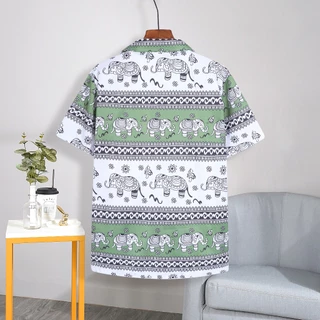 2088#เสื้อเชิ้ตเป็นชุดลายใหม่ล่าสุด ลายช้างฮาวาย เสื้อบวกกางเกง