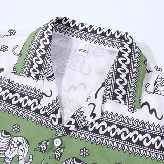 2088#เสื้อเชิ้ตเป็นชุดลายใหม่ล่าสุด ลายช้างฮาวาย เสื้อบวกกางเกง