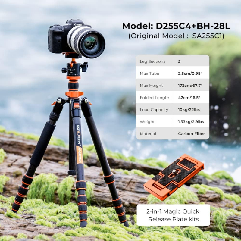 ขาตั้งกล้อง K&F D255C4+BH-28L Carbon fiber with Quick Release Plate kits (KF09.093V2)