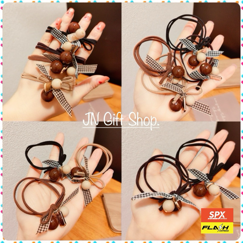 ยางรัดผมลูกปัดไข่มุก ลายสก็อต เส้นละ 5 บาท (สุ่มสี)พร้อมส่ง!!จากไทย🇹🇭