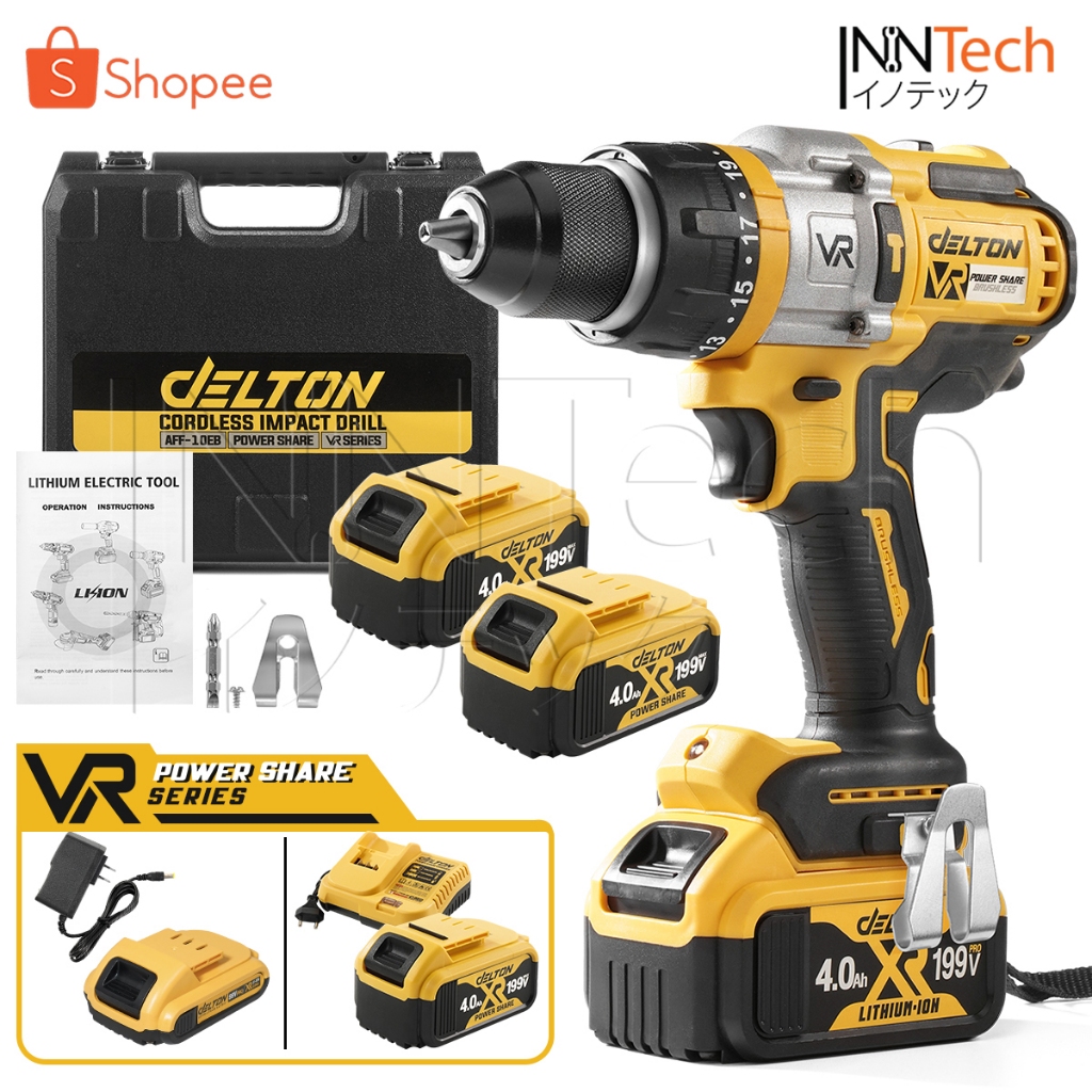 DELTON สว่านไร้สาย 3 ระบบ 199V มอเตอร์ไร้แปรงถ่าน Brushless Motor แบตเตอรี่พาวเวอร์แชร์ VR Series รุ่น AFF-10EB