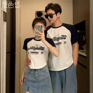 เสื้อคู่รักชายหญิง สีทูโทน oversize เสื้อผ้าสาวอวบแฟชั่น เสื้อยืดครอปสลิมฟิตสวยๆผู้หญิง โอเวอร์ไซส์ทรงหลวมสไตล์เกาหลี