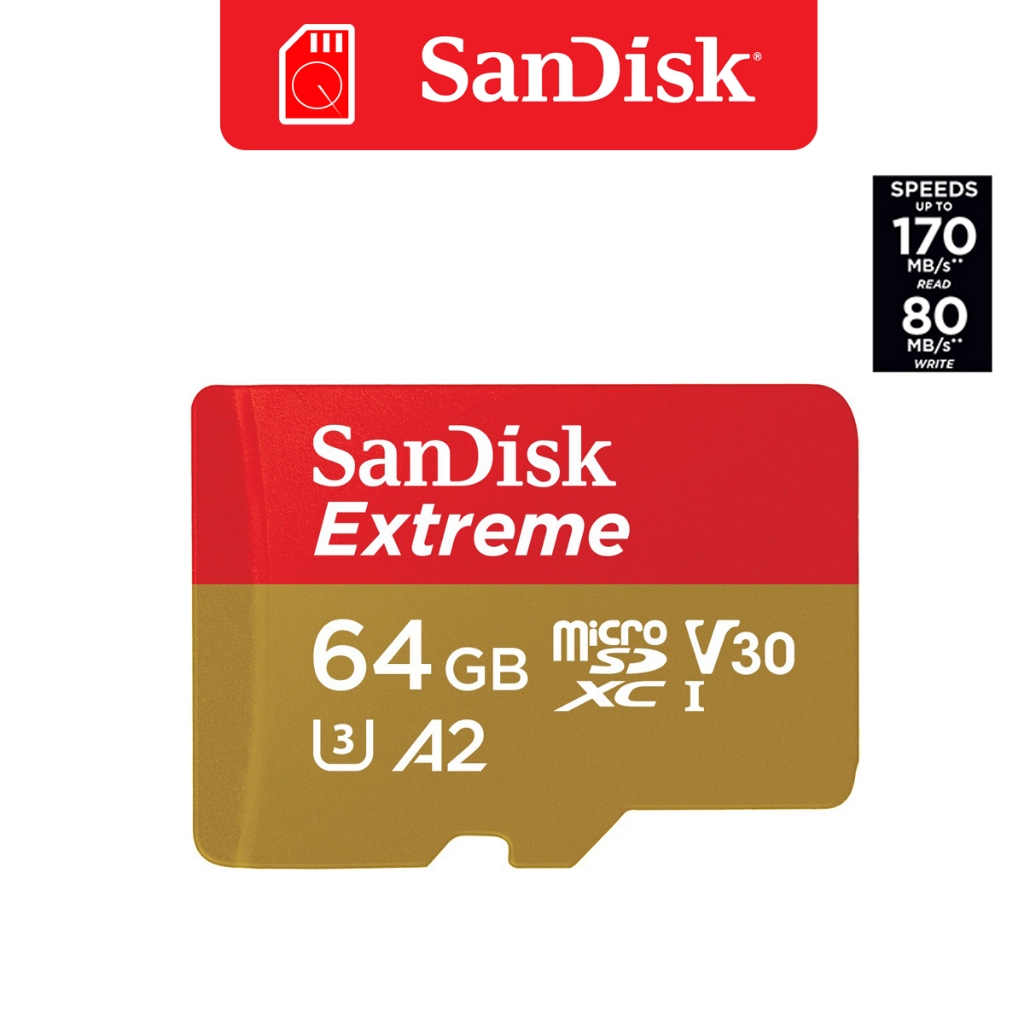 SanDisk EXTREME micro SDXC UHS-I A2 64GB (SDSQXAH-064G-GN6MN) reads 170MB/s writes 80MB/s รองรับ 4K