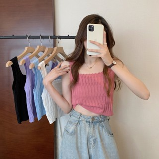 เสื้อไหมพรมแขนกุด ใส่สบาย ครอปเอวลอย ลายริ้ว น่ารัก