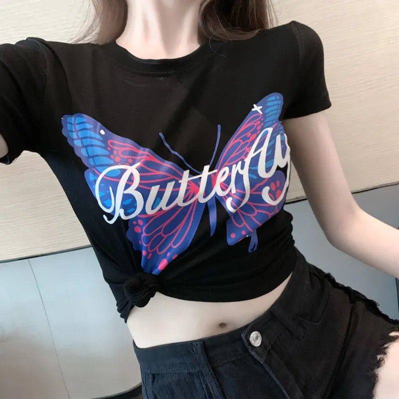 เสื้อครอปผู้หญิง ครอปสั้น ลายผีเสื้อ เสื้อยืดผู้หญิง E8005 - รูปที่ 7