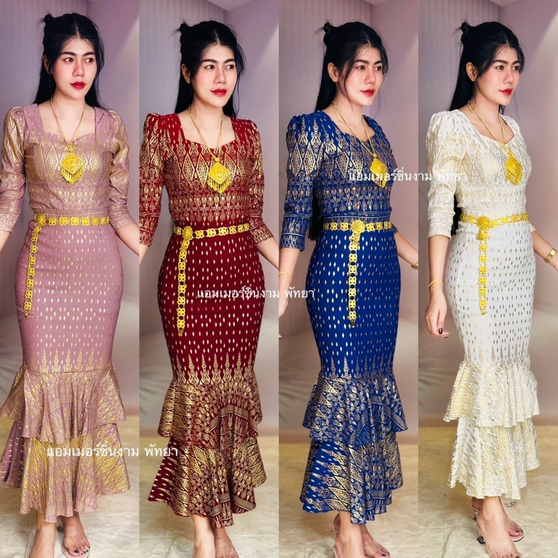 เชตฟรุ้งฟริ้ง+เสื้อแขนสามส่วน ลายนาคพ่นน้ำ ไซส์ABแถมเข็มขัด Cไม่แถมเข็มขัดผ้าสกินนี่แท้พิมพ์ลายทอง