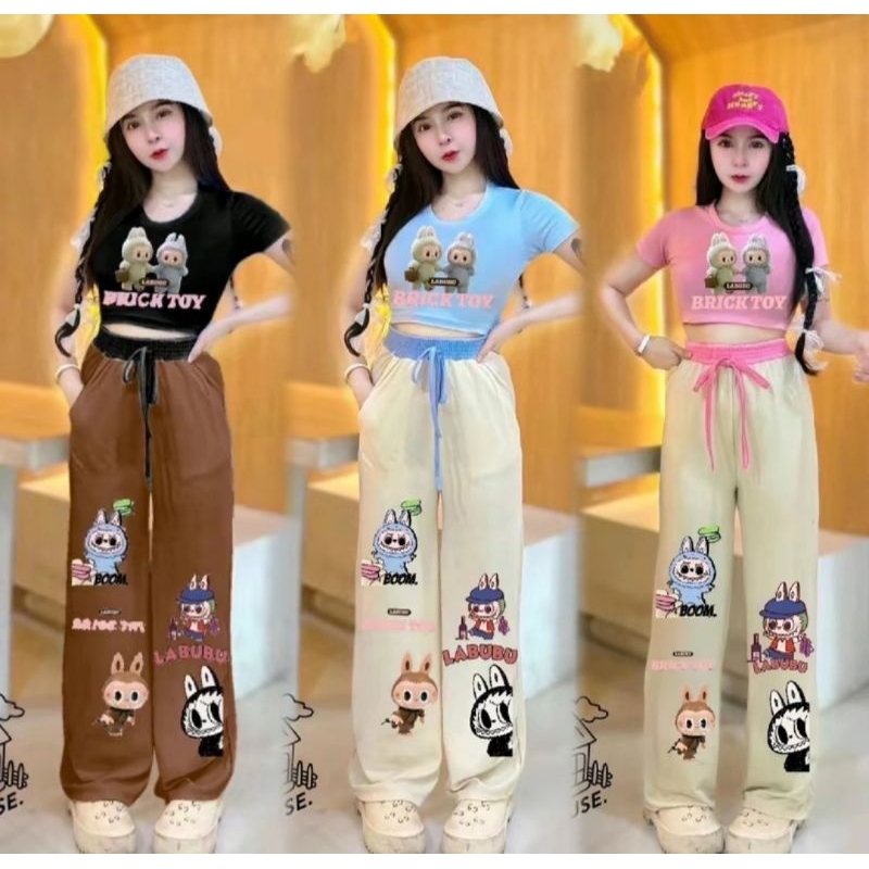 👖👕ชุดเชต2ชิ้น ลาบู้บู้ เสื้อครอป+กางเกงขายาว
