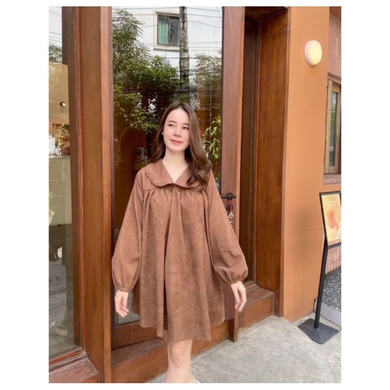 มินิเดรสคอบัวผ้าลูกฟูก แบรนด์ KORRA.Clothes