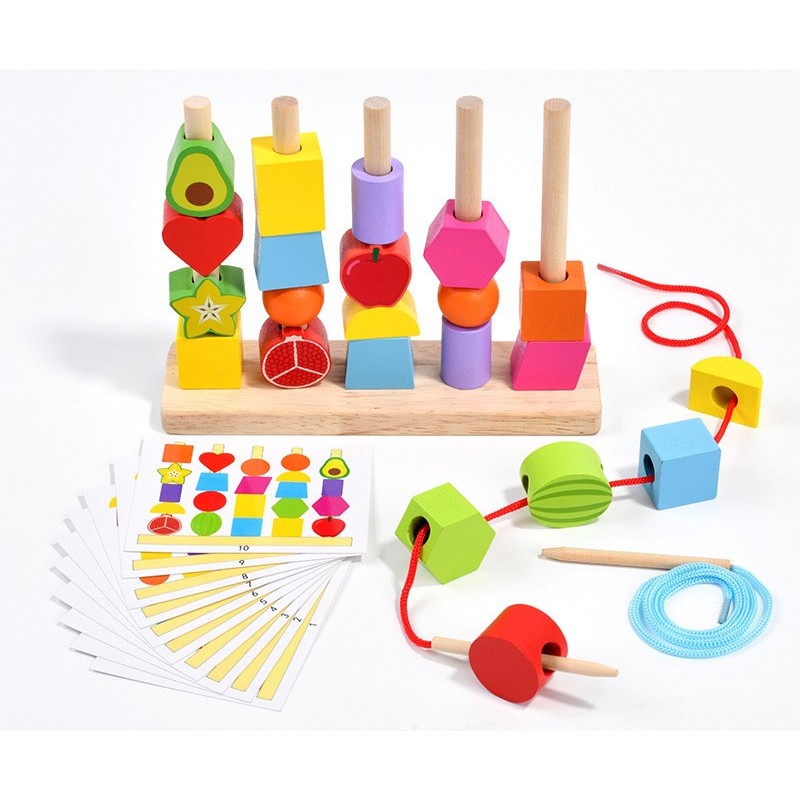 บล็อคไม้เรขาคณิต 2 in 1 ลูกปัดสีรุ้ง ของเล่นไม้ Montessori ร้อยเชือก พัฒนากล้ามเนื้อมื้อมัดเล็ก เสริมพัฒนาการ