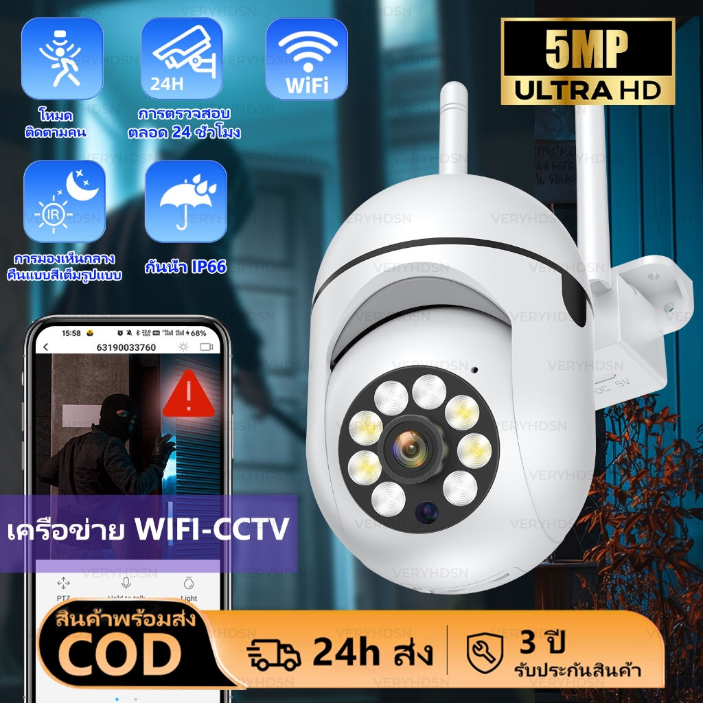 กล้องวงจรปิด wifi กล้องไร้สาย 5 ล้านพิกเซล กล้องวงจรปิดกลางแจ้ง IP Full HD 5MP พิกเซล ฟังก์ชั่น 360 องศา