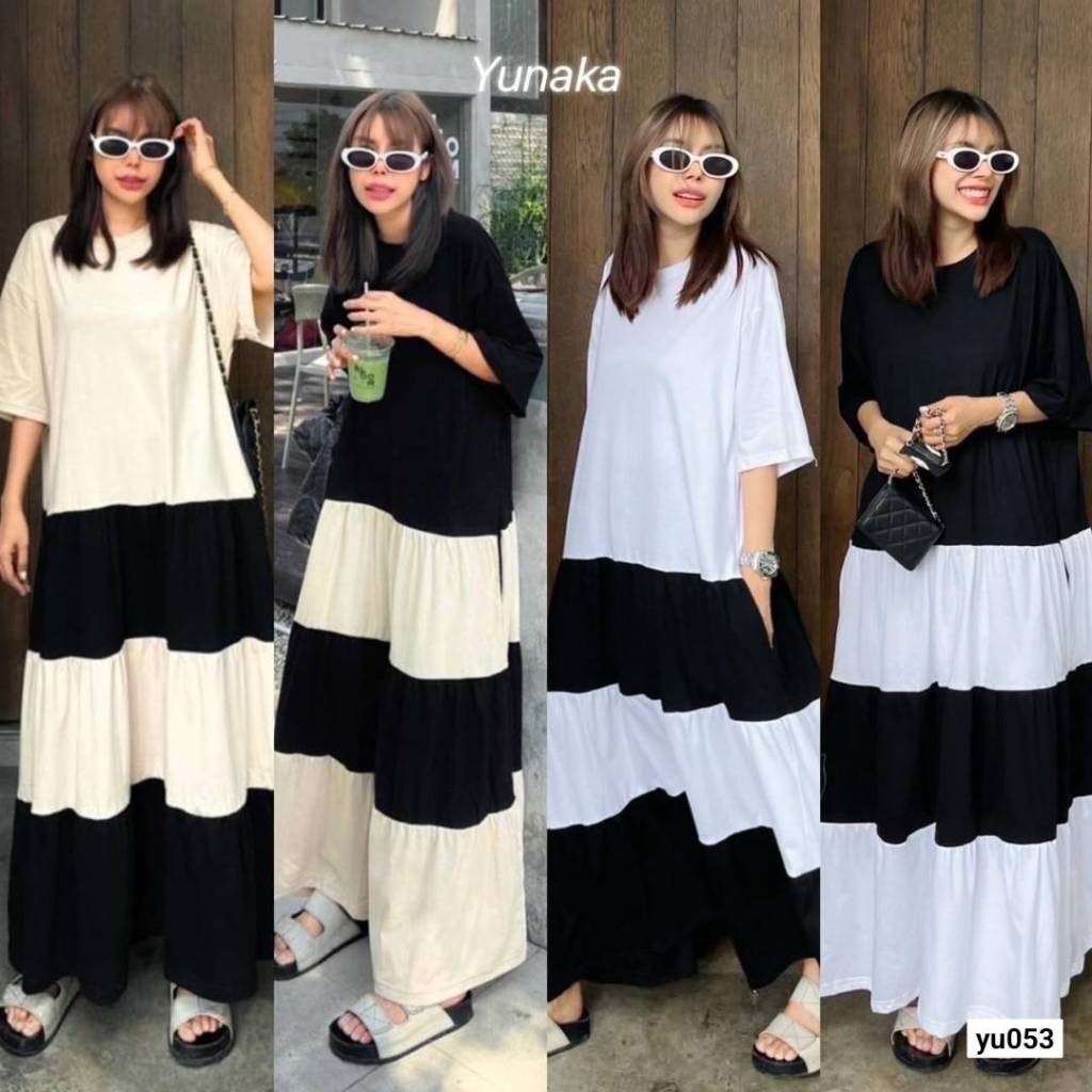 เดรสคอกลมแขนสั้น ทรง oversize ดีเทลต่อระบายเป็นชั้นๆ เพิ่มความเกร๊ด้วยสีทูโทน เดรสแฟชั่น yunaka