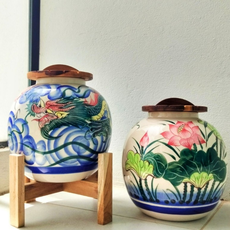 โอ่งฮวงจุ้ย โอ่งเซรามิค เสริมฮวงจุ้ย พร้อมฝา+ขาตั้งไม้ โอ่งใส่น้ำวางหน้าบ้าน