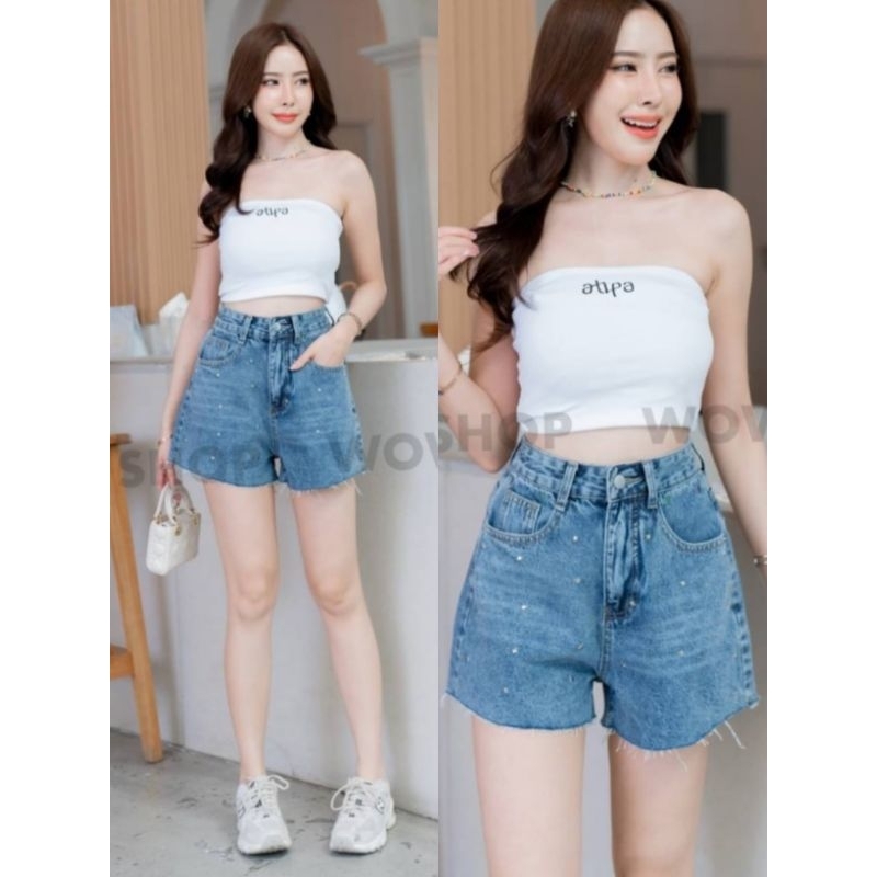 957#wowกางเกง​ยีนส์​สีฟอกขาสั้นติดดาวผ้าไม่ยืดเอวสูง