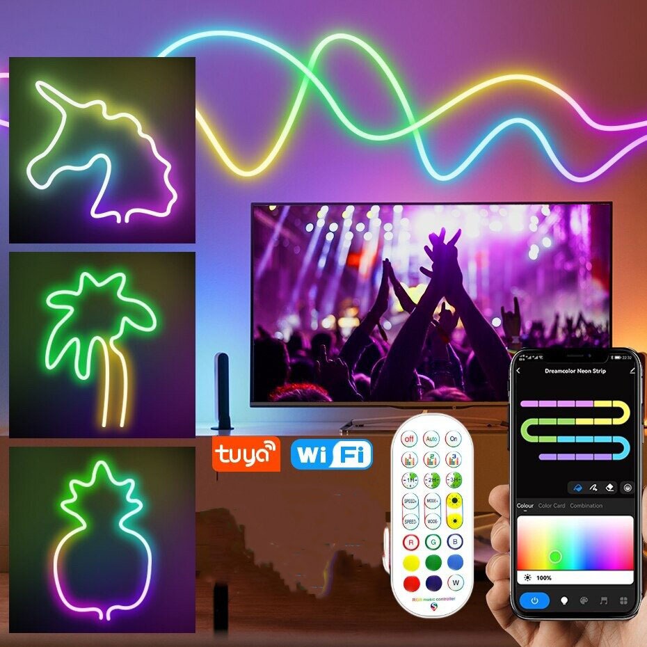 ไฟ LED นีออนสมาร์ท RGBIC Tuya 24 โวลต์กันน้ำเพลงซิงค์ DIY สีสันเชิงพาณิชย์ปรับปรุงบ้าน