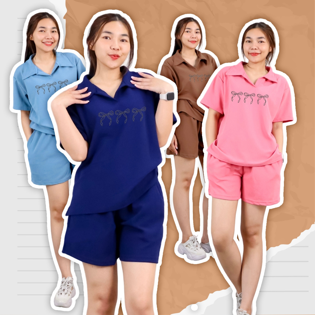 ชุดเซ็ท เสื้อคอปก แขนสั้น สกรีนลายโบว์+กางเกงขาสั้น ผ้าวูลเวฟ 5504-img-58#