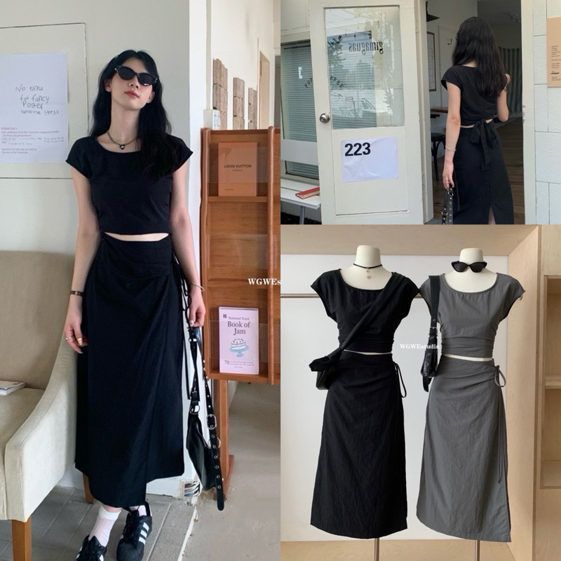 Set2pcs.เสื้อไหล่ล้ำผูกโบว์ด้านหลัง+กระโปรงรุ่น 9149 TAG:WG.WE