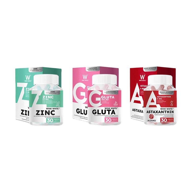 WINK WHITE อาหารเสริม Gluta กลูต้า/ Astaxanthin แอสตาแซนทิน/ Zinc ซิงค์ มี 3 สูตร