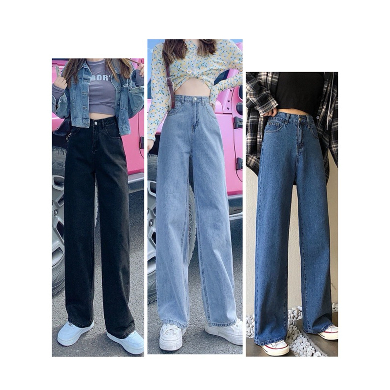 🌟กางเกงยีนส์ทรงบอยกระบอกลิซ่า เอวสูง 22-38 นิ้ว สีดำ สียีนส์ สีดำสโนว์ สียีนส์ฟอก
