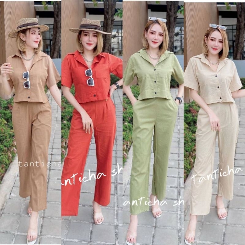 ชุดเซท2ชิ้นเสื่อครอปคู่กางเกงขากระบอกเอวสูง งานฟรีไซส สาวS-Xlใส่ได้คะ
