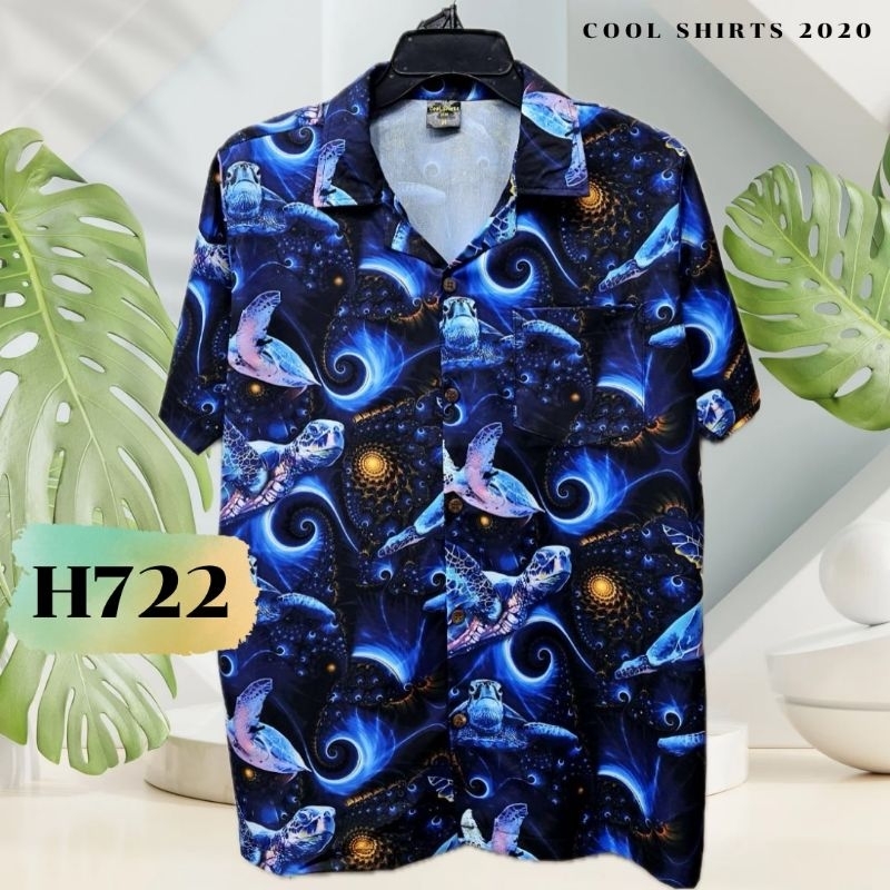 เสื้อฮาวาย ผ้าไหมอิตาลี H722 เต่า น้ำเงินเข้ม